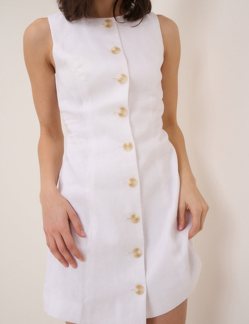 White Linen-Blend Button Front Mini Dress