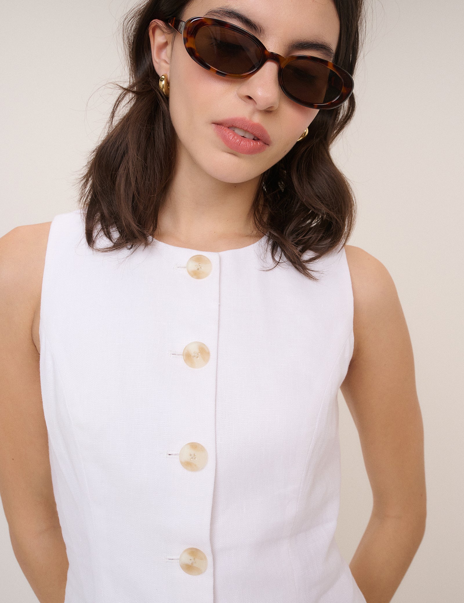 White Linen-Blend Button Front Mini Dress