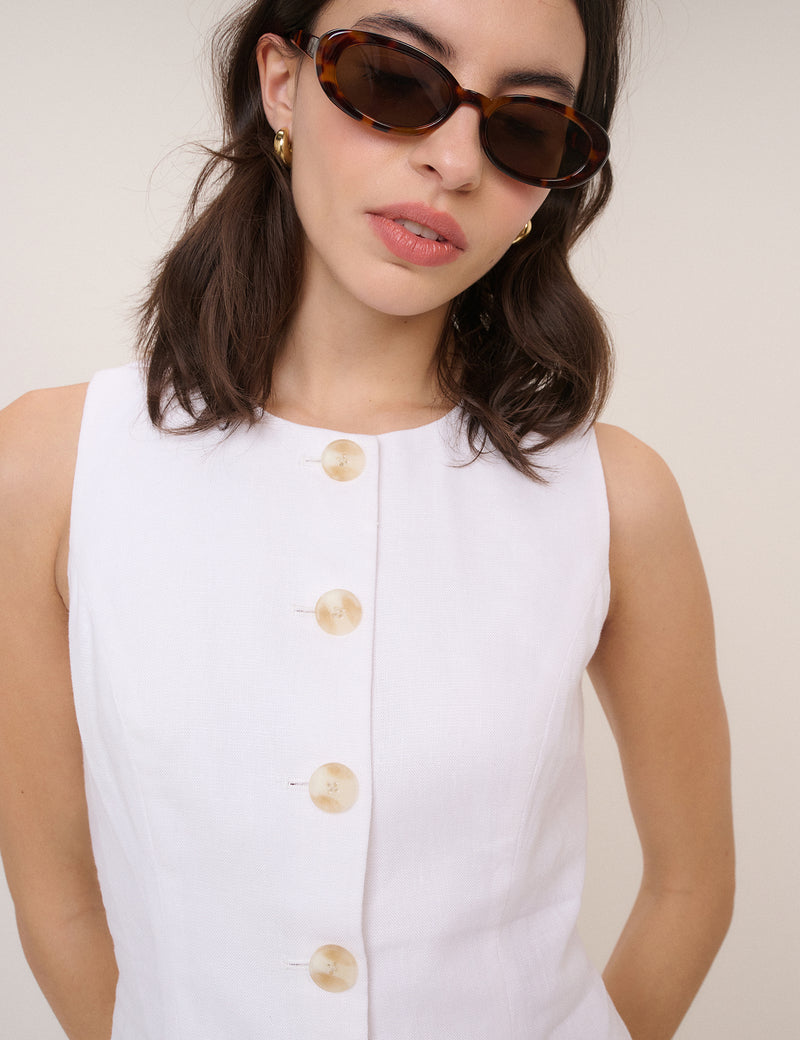 White Linen-Blend Button Front Mini Dress