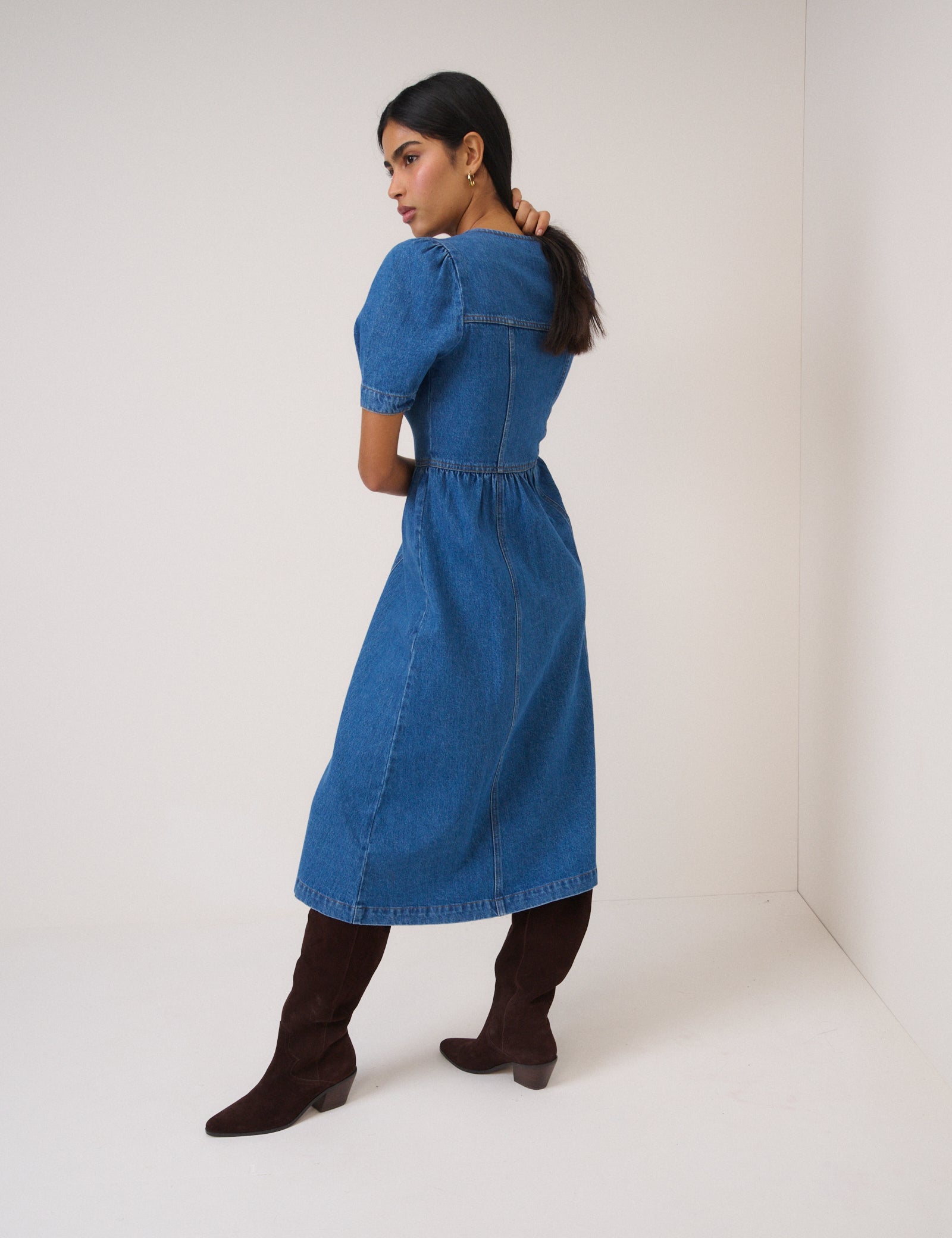 Blue Denim Puff Sleeve Sienna Midi Dress Blue Denim Puff Sleeve Sienna Midi Dress