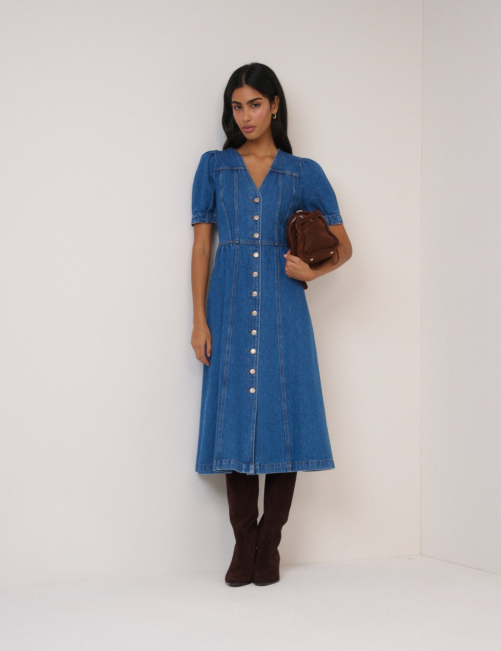 Blue Denim Puff Sleeve Sienna Midi Dress Blue Denim Puff Sleeve Sienna Midi Dress