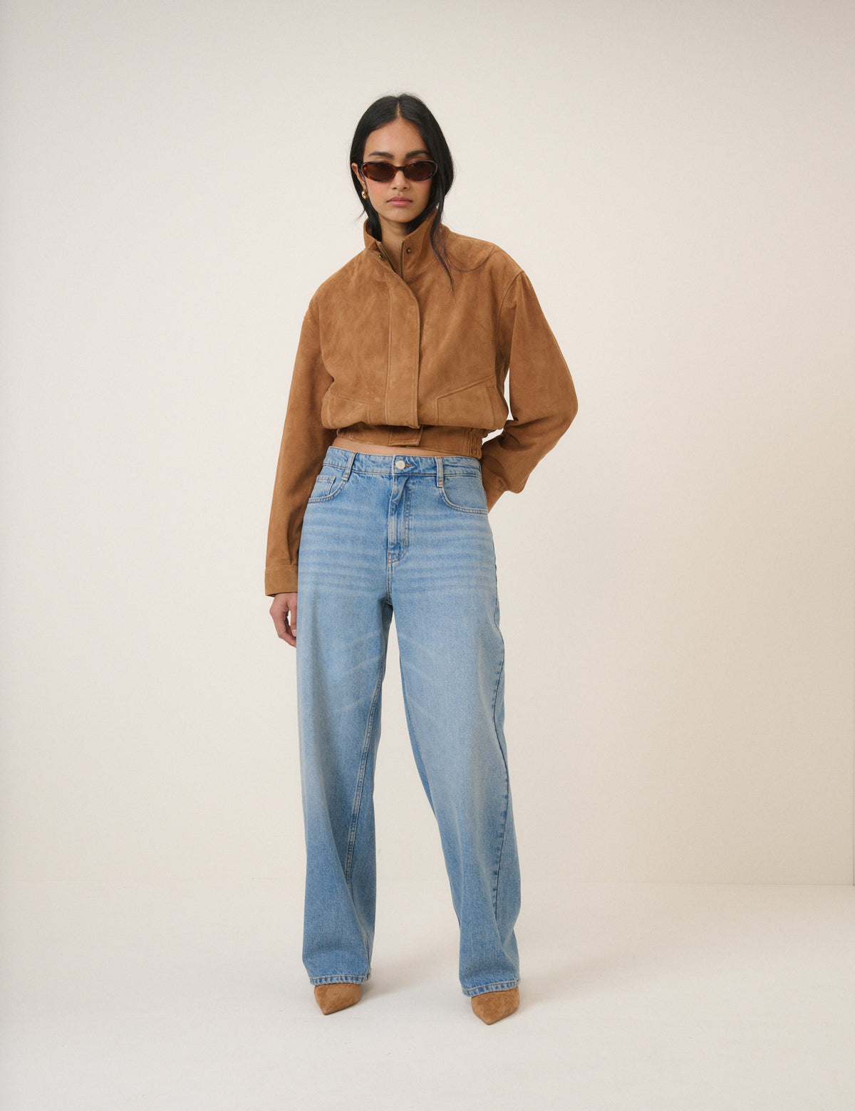 Brown Funnel Neck Suede Bomber