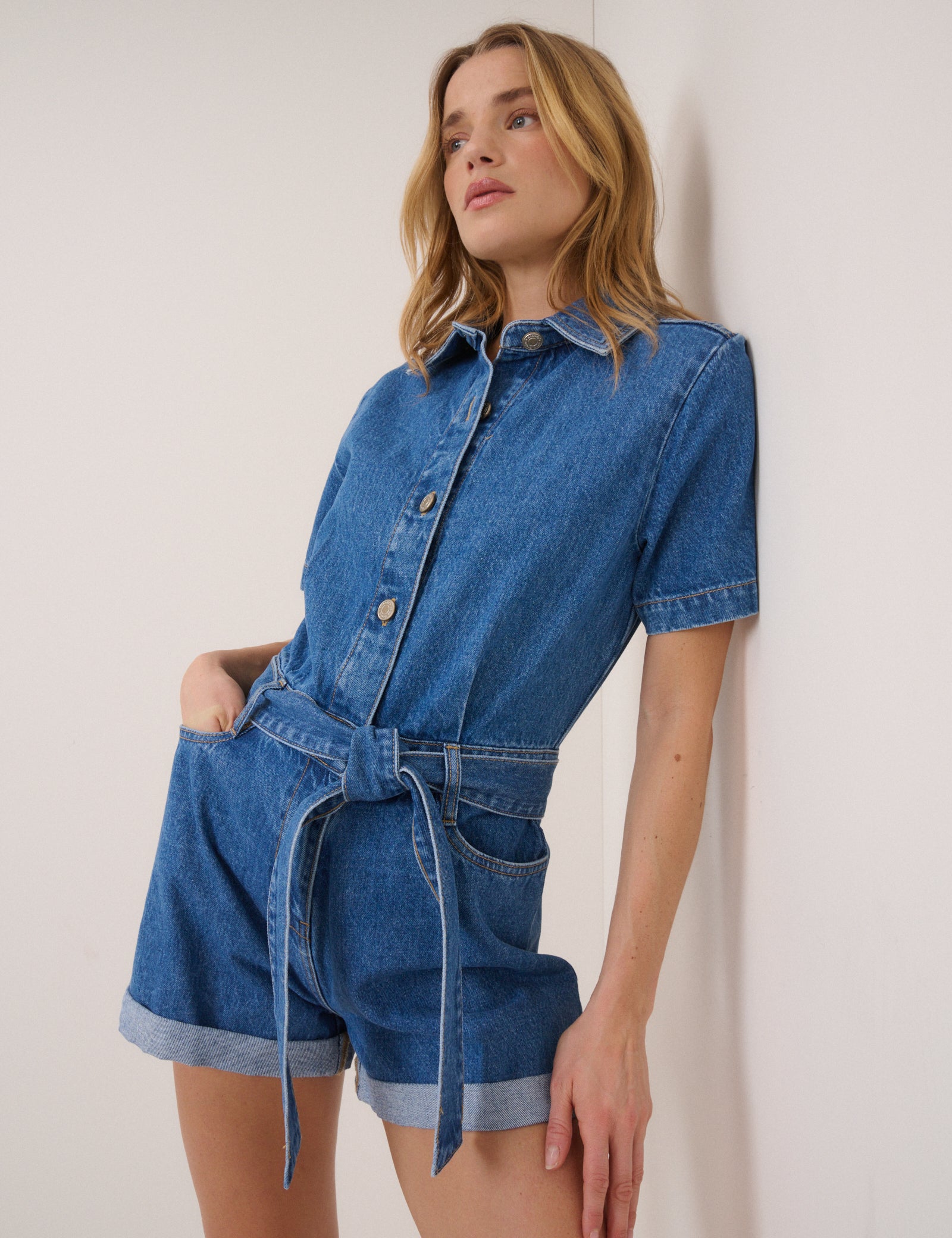 Mid Wash Tie Waist Tyler Denim Playsuit