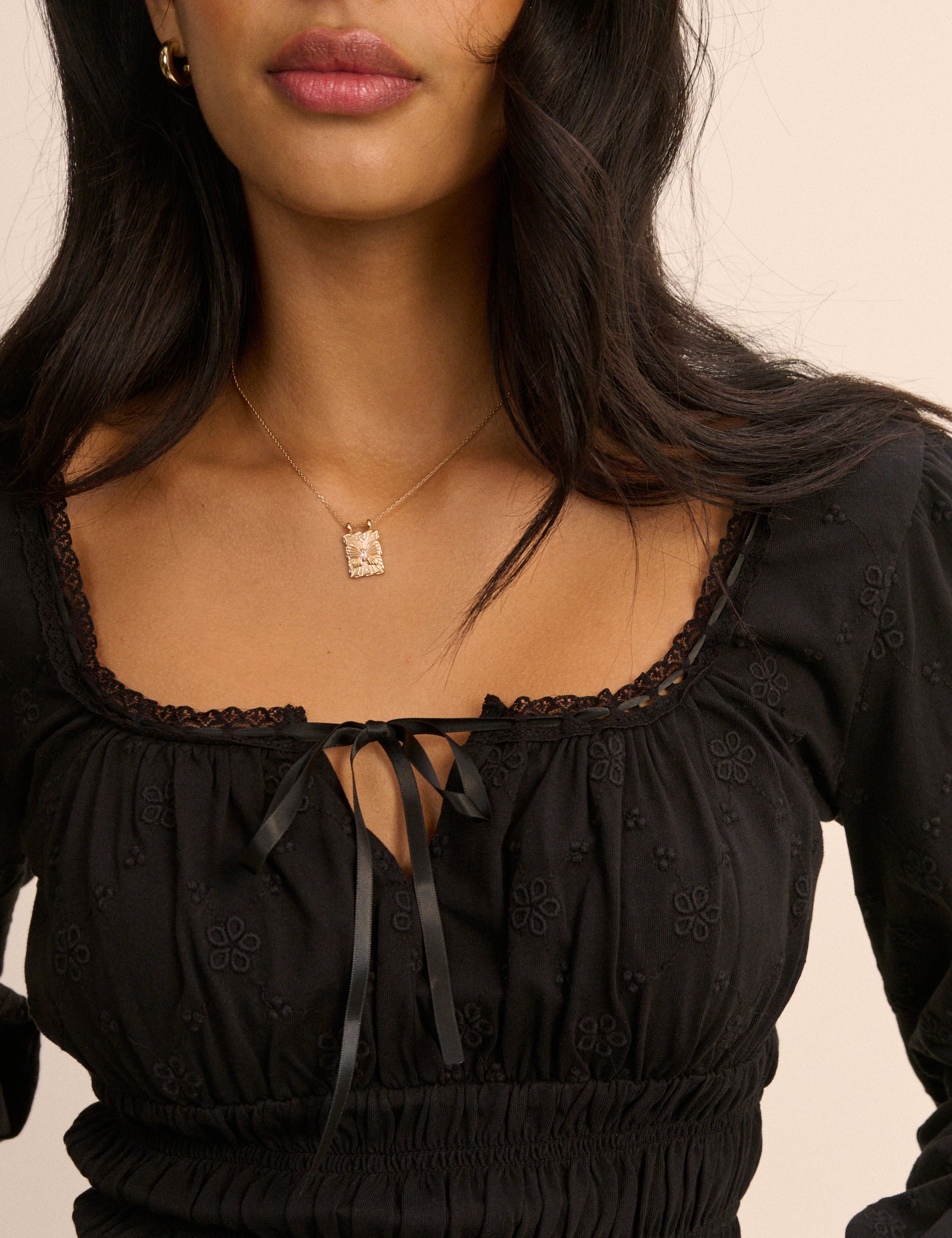 Black Embroidered Long Sleeve Shirred Bodice Top