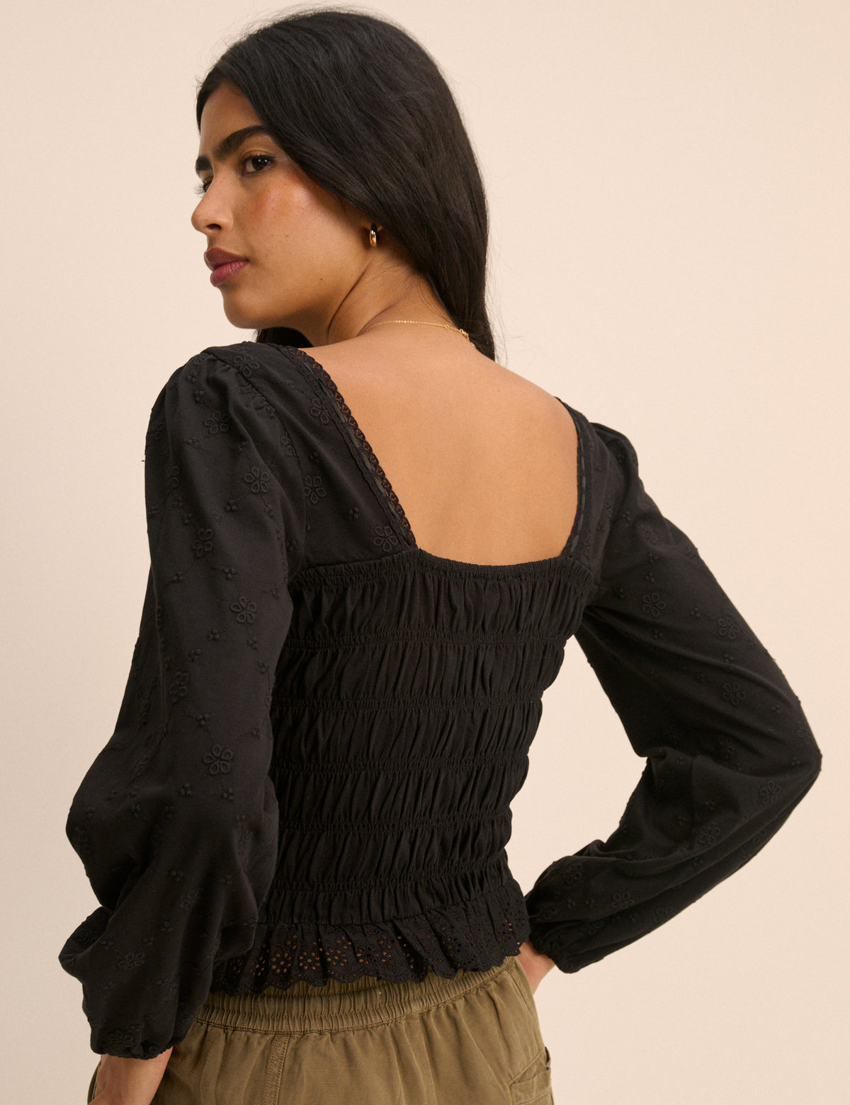 Black Embroidered Long Sleeve Shirred Bodice Top