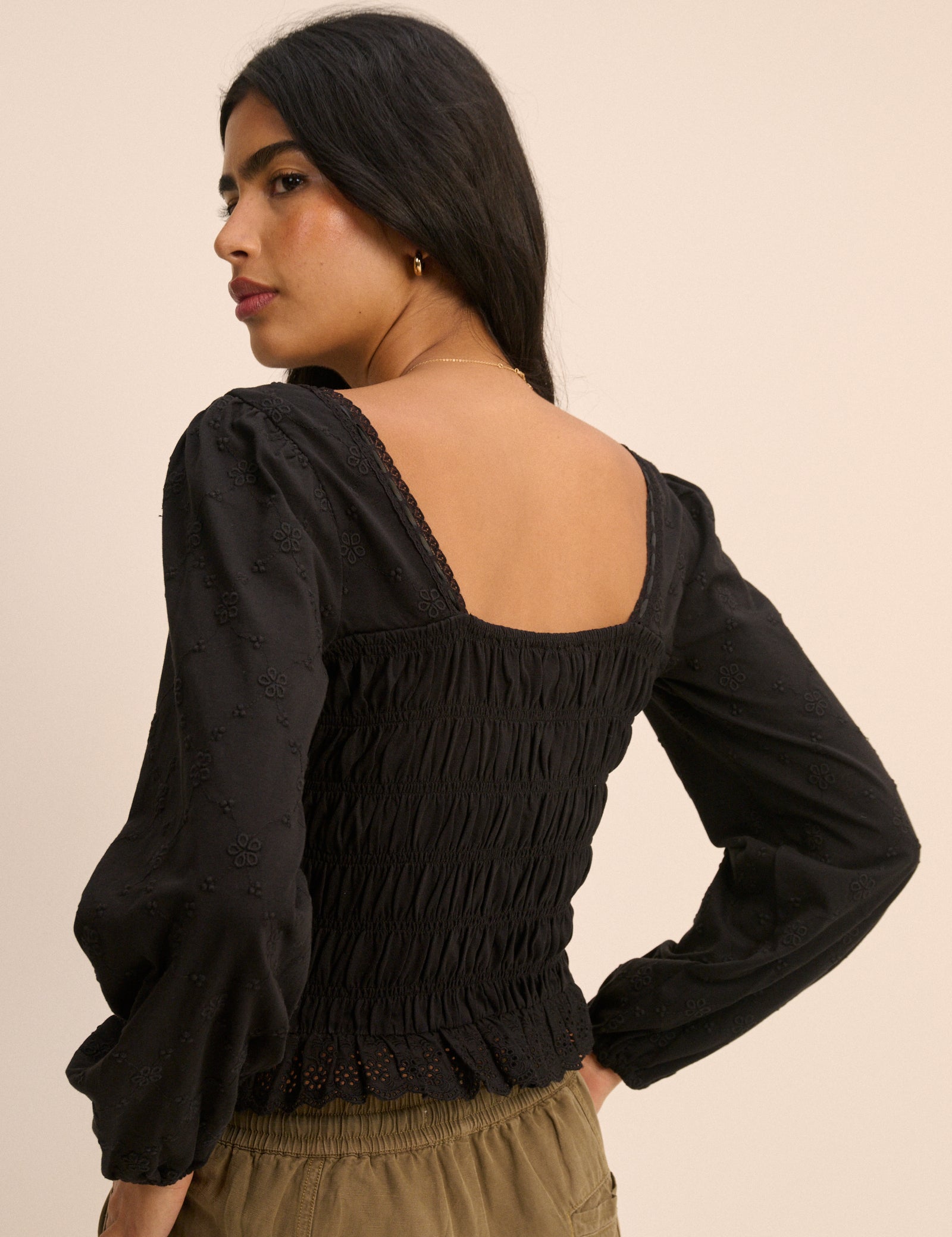 Black Embroidered Long Sleeve Shirred Bodice Top
