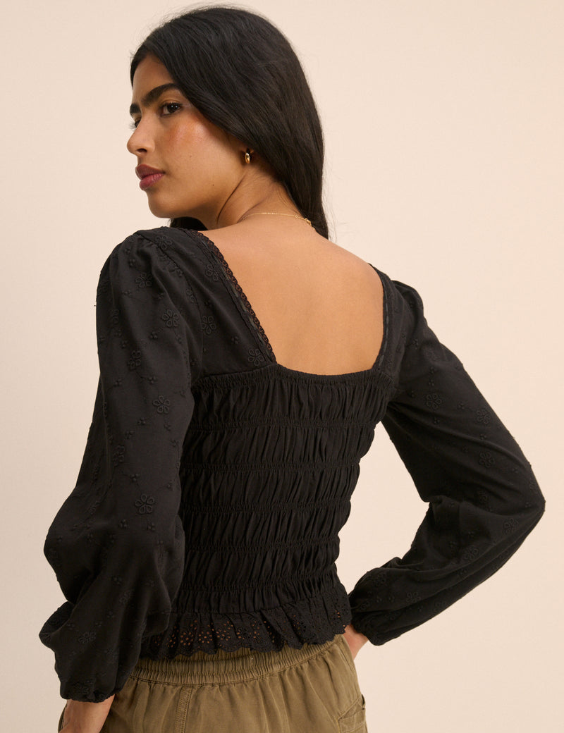 Black Embroidered Long Sleeve Shirred Bodice Top