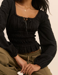 Black Embroidered Long Sleeve Shirred Bodice Top