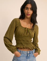 Khaki Embroidered Long Sleeve Shirred Bodice Top