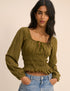 Khaki Embroidered Long Sleeve Shirred Bodice Top