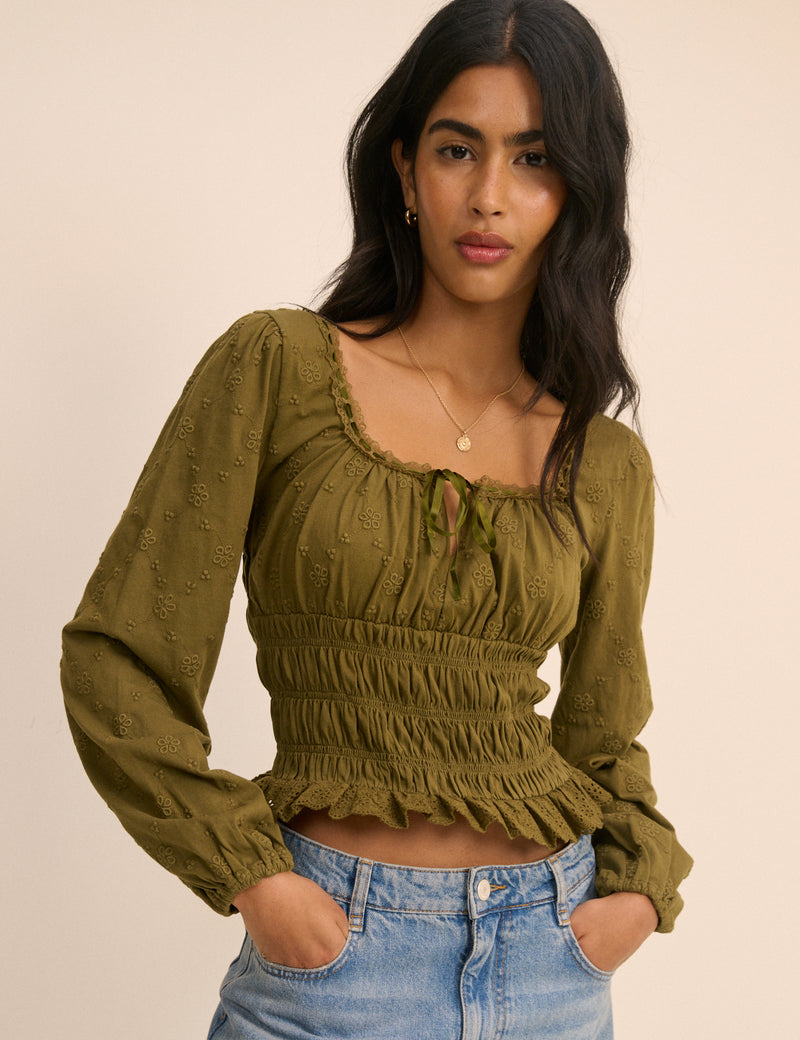Khaki Embroidered Long Sleeve Shirred Bodice Top