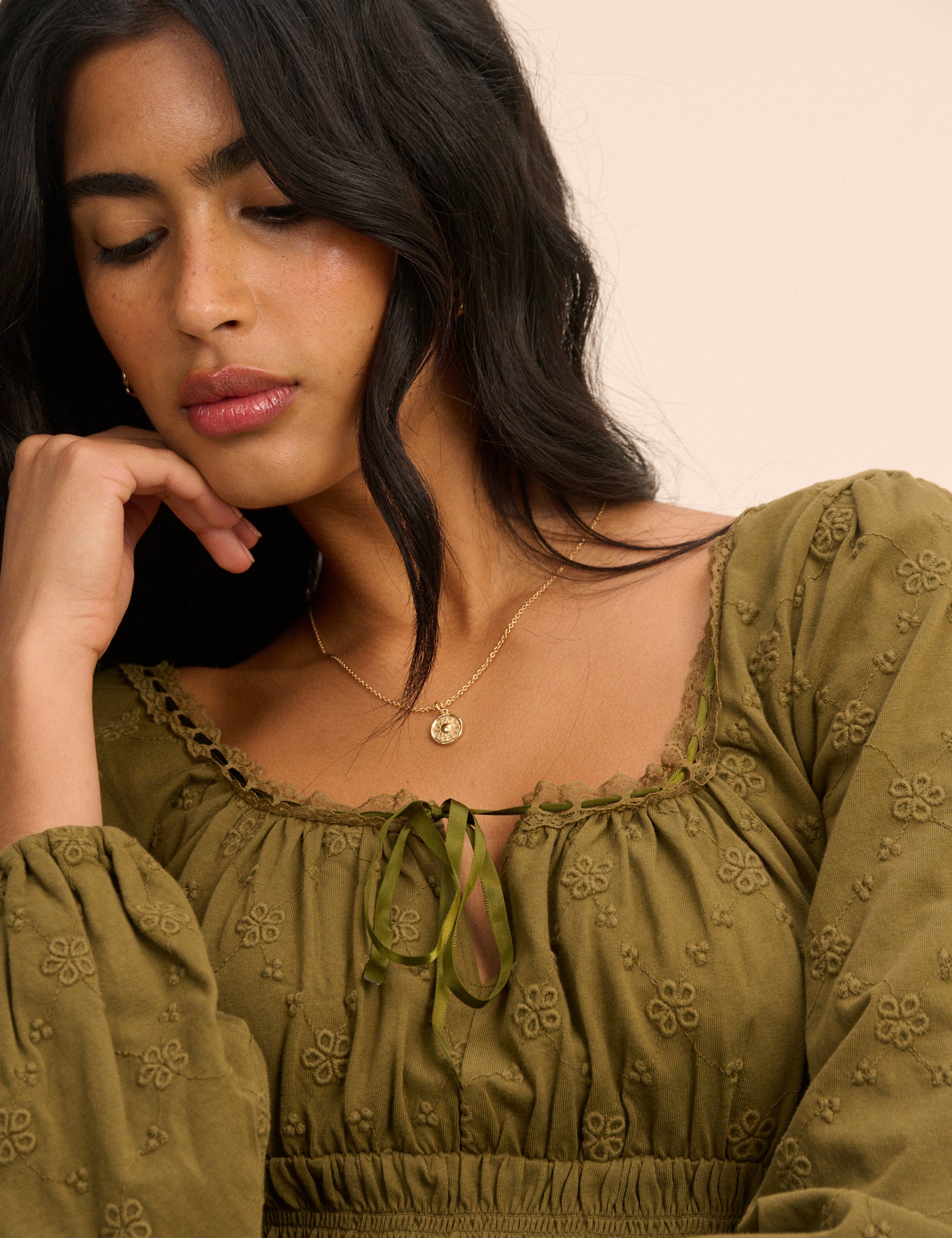 Khaki Embroidered Long Sleeve Shirred Bodice Top
