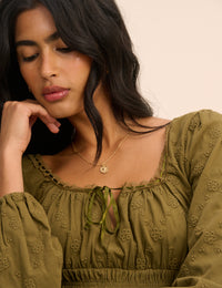 Khaki Embroidered Long Sleeve Shirred Bodice Top