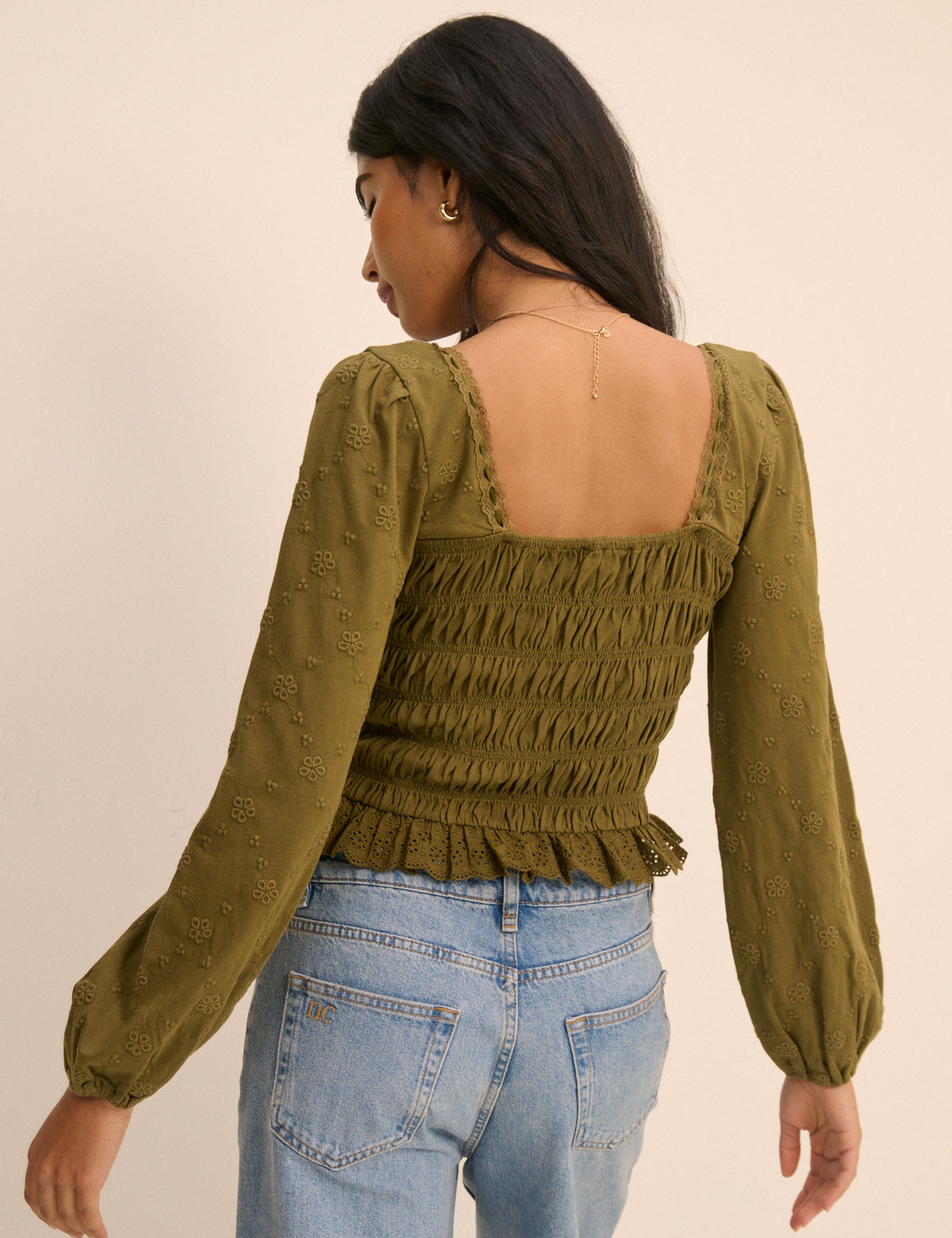 Khaki Embroidered Long Sleeve Shirred Bodice Top