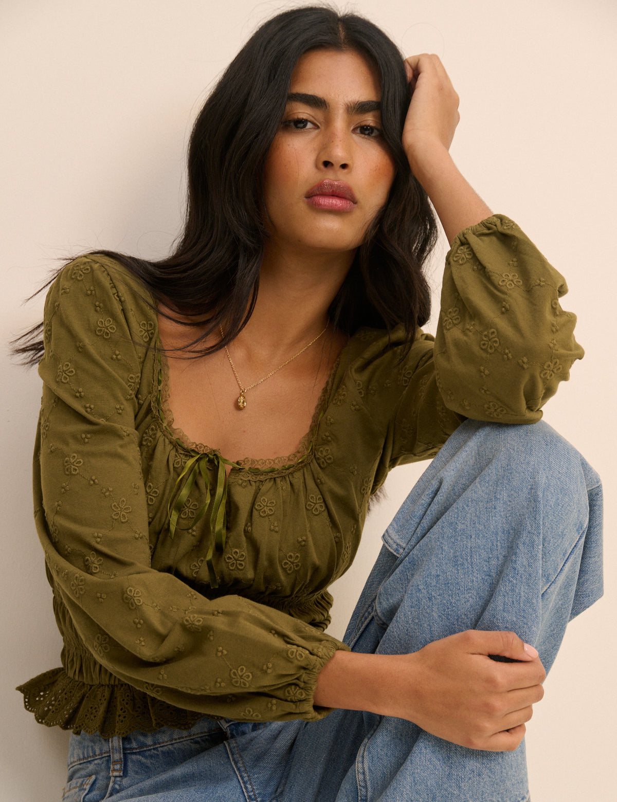 Khaki Embroidered Long Sleeve Shirred Bodice Top