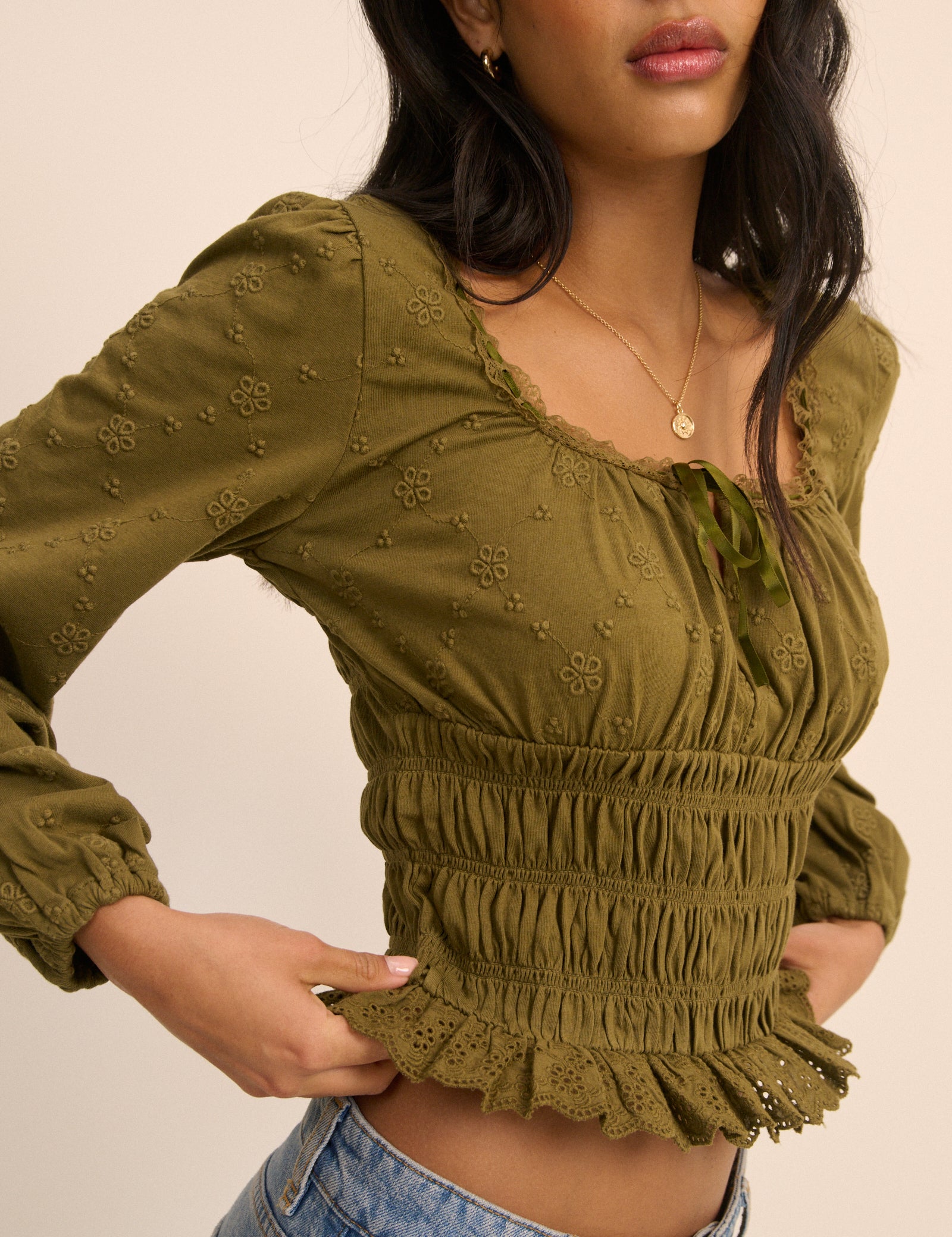 Khaki Embroidered Long Sleeve Shirred Bodice Top