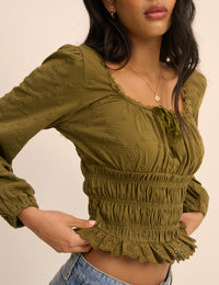 Khaki Embroidered Long Sleeve Shirred Bodice Top