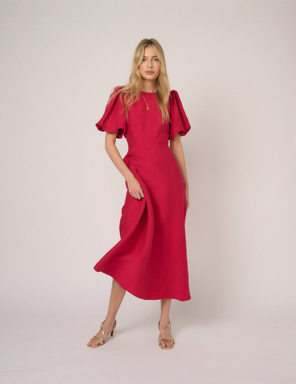 Pink Puff Sleeve Zola Midi Dress