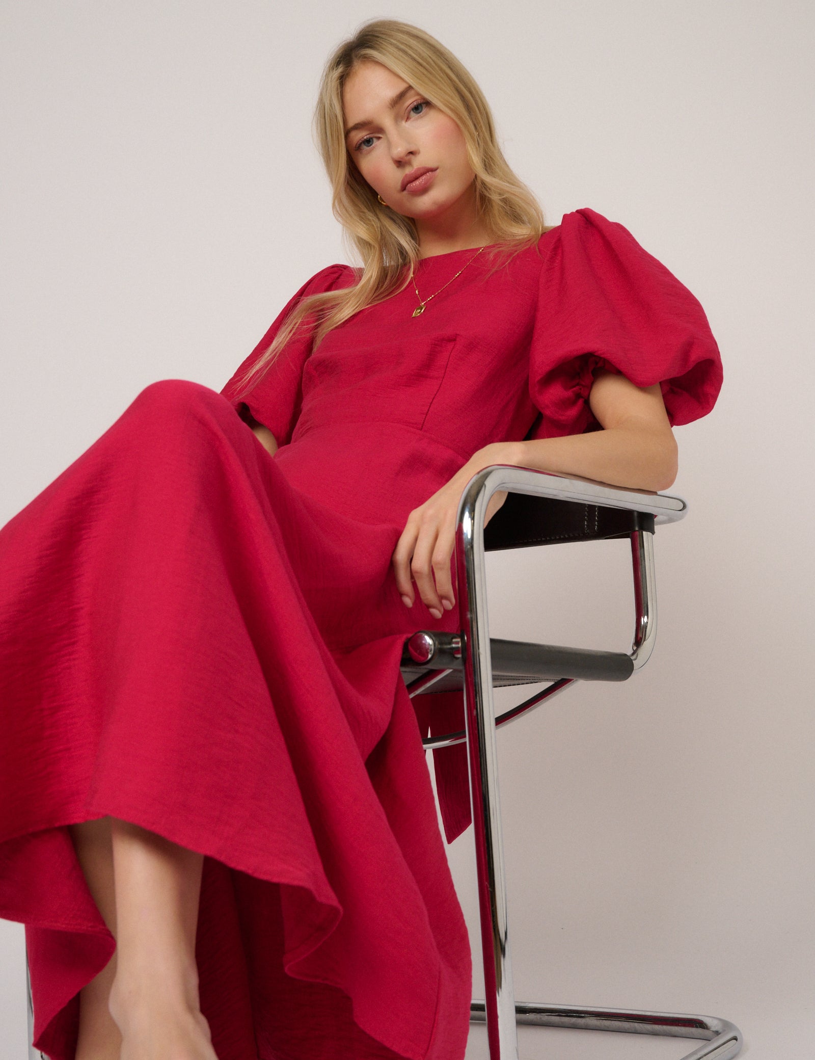 Pink Puff Sleeve Zola Midi Dress