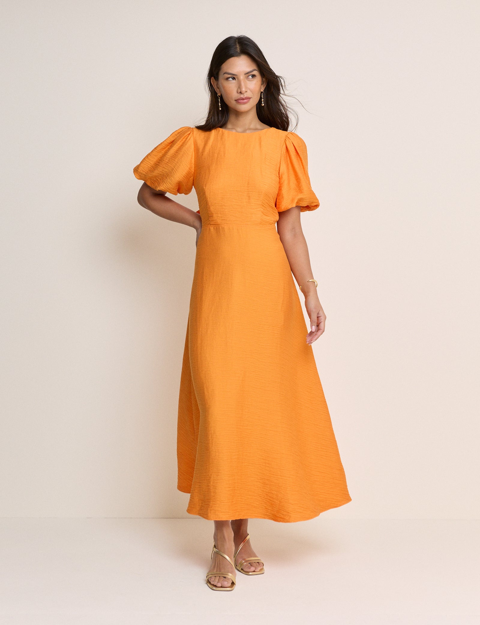 Orange Puff Sleeve Zola Midi Dress Orange Puff Sleeve Zola Midi Dress