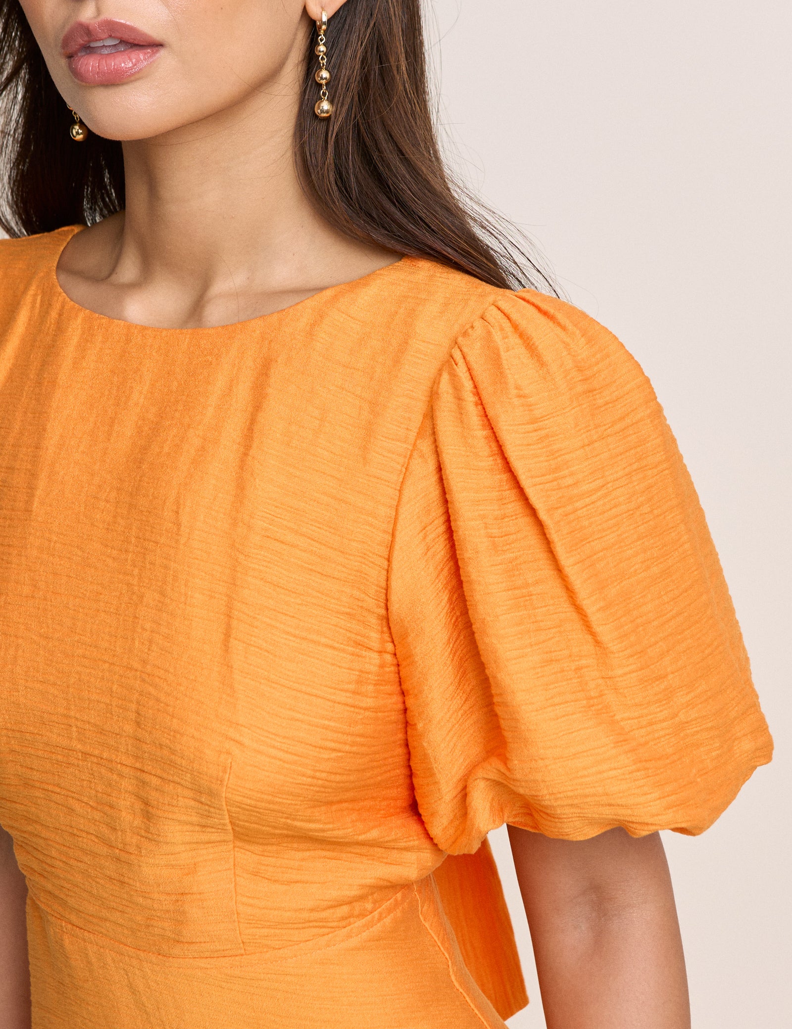 orange puff sleeve midi dress Bright Orange Linen Dress Women, Puff Sleeve Midi Dress With Button Front And White Trim, Flared Hem Dress With Ruffle Detail, Summer Outfit