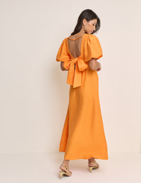 Orange Puff Sleeve Zola Midi Dress
