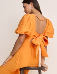 Orange Puff Sleeve Zola Midi Dress