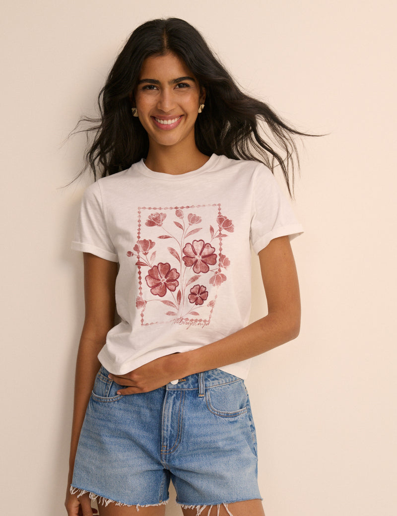 White Floral Shrunken Faded Graphic T-shirt