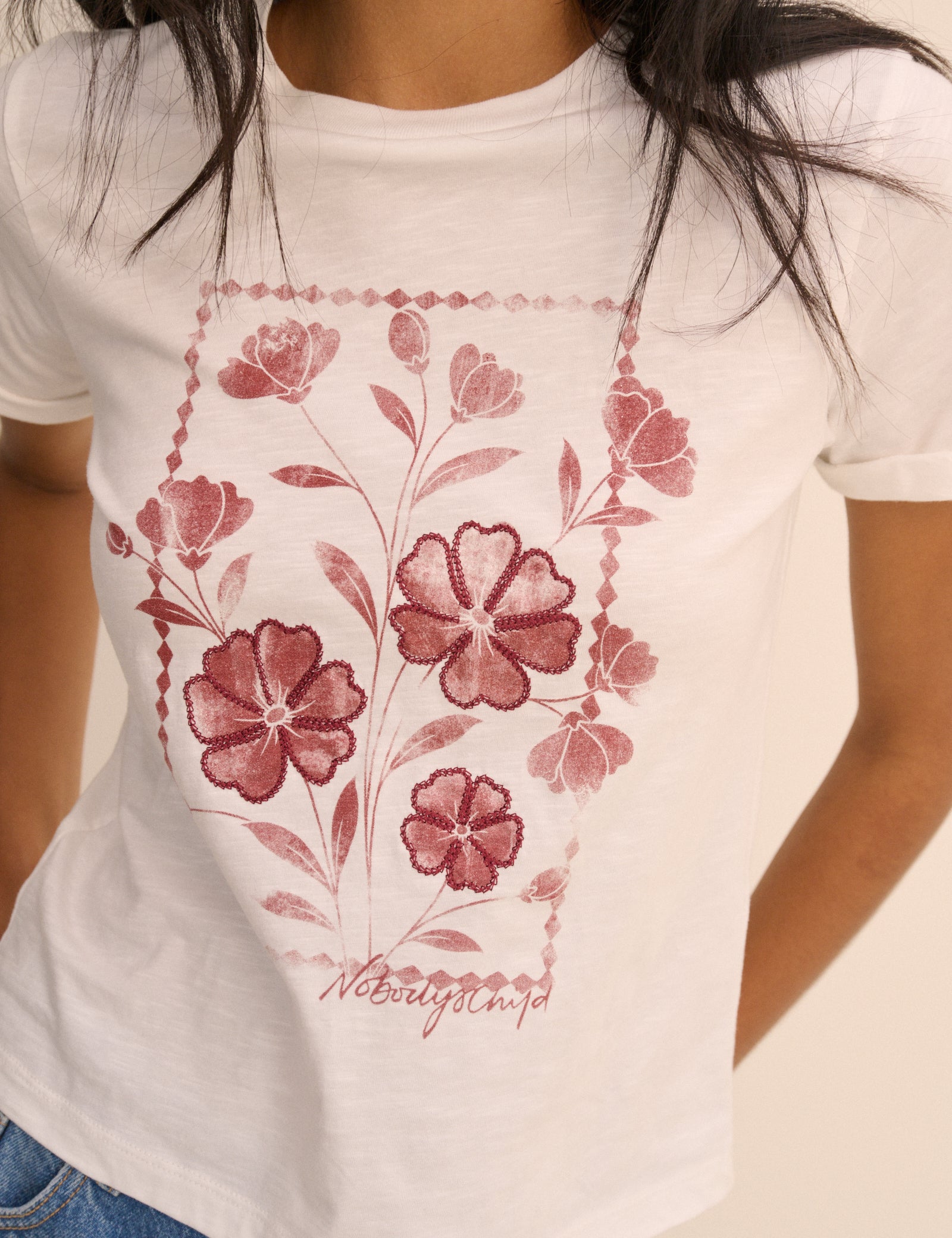 White Floral Shrunken Faded Graphic T-shirt
