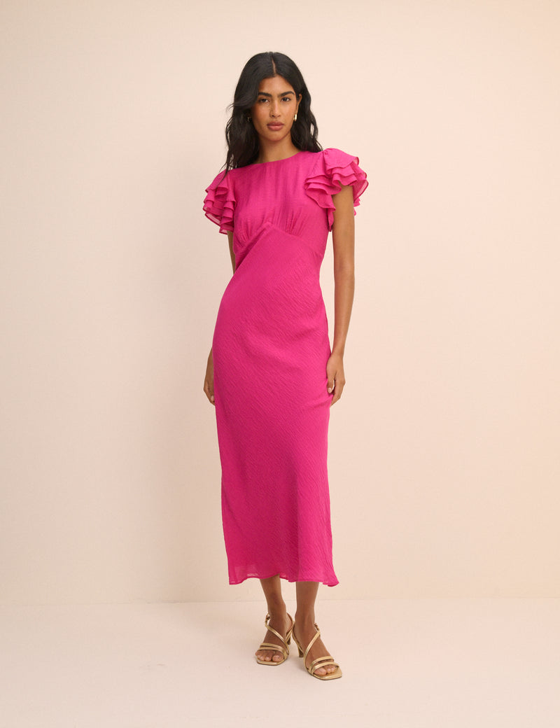 Pink Frill Sleeve Lola Midi Dress