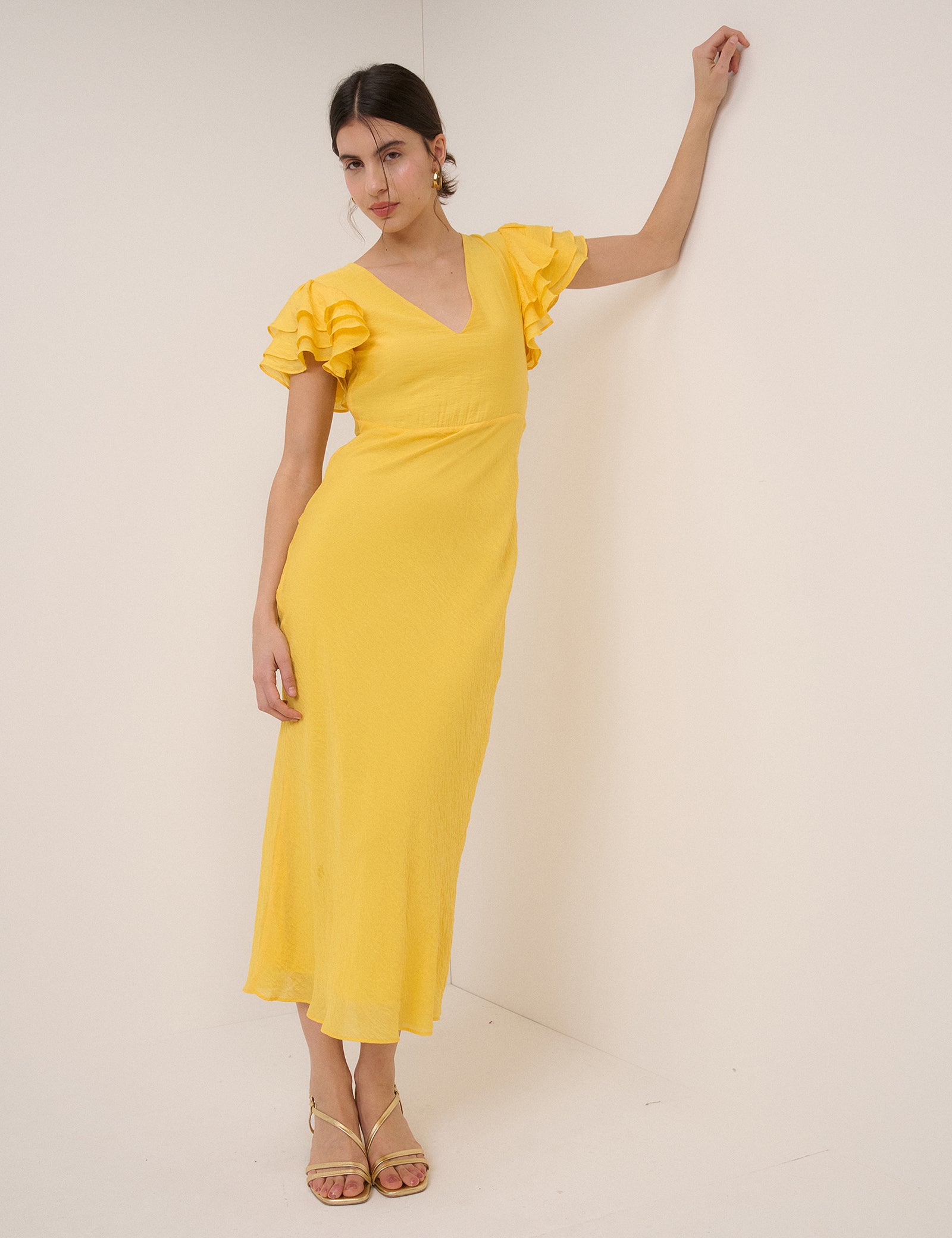 Yellow Frill Sleeve Lola Midi Dress