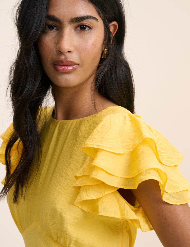 Yellow Frill Sleeve Lola Midi Dress
