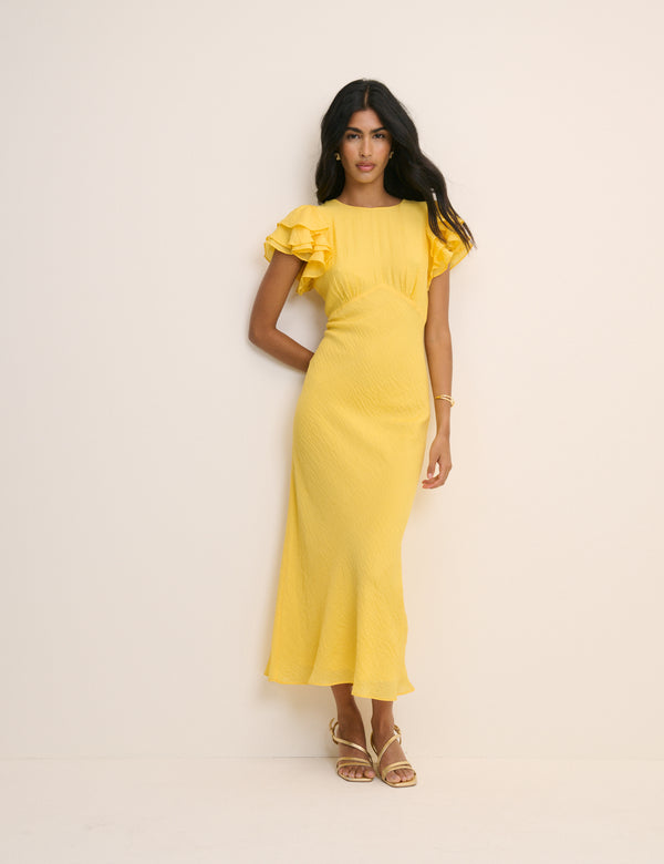 Yellow Frill Sleeve Lola Midi Dress