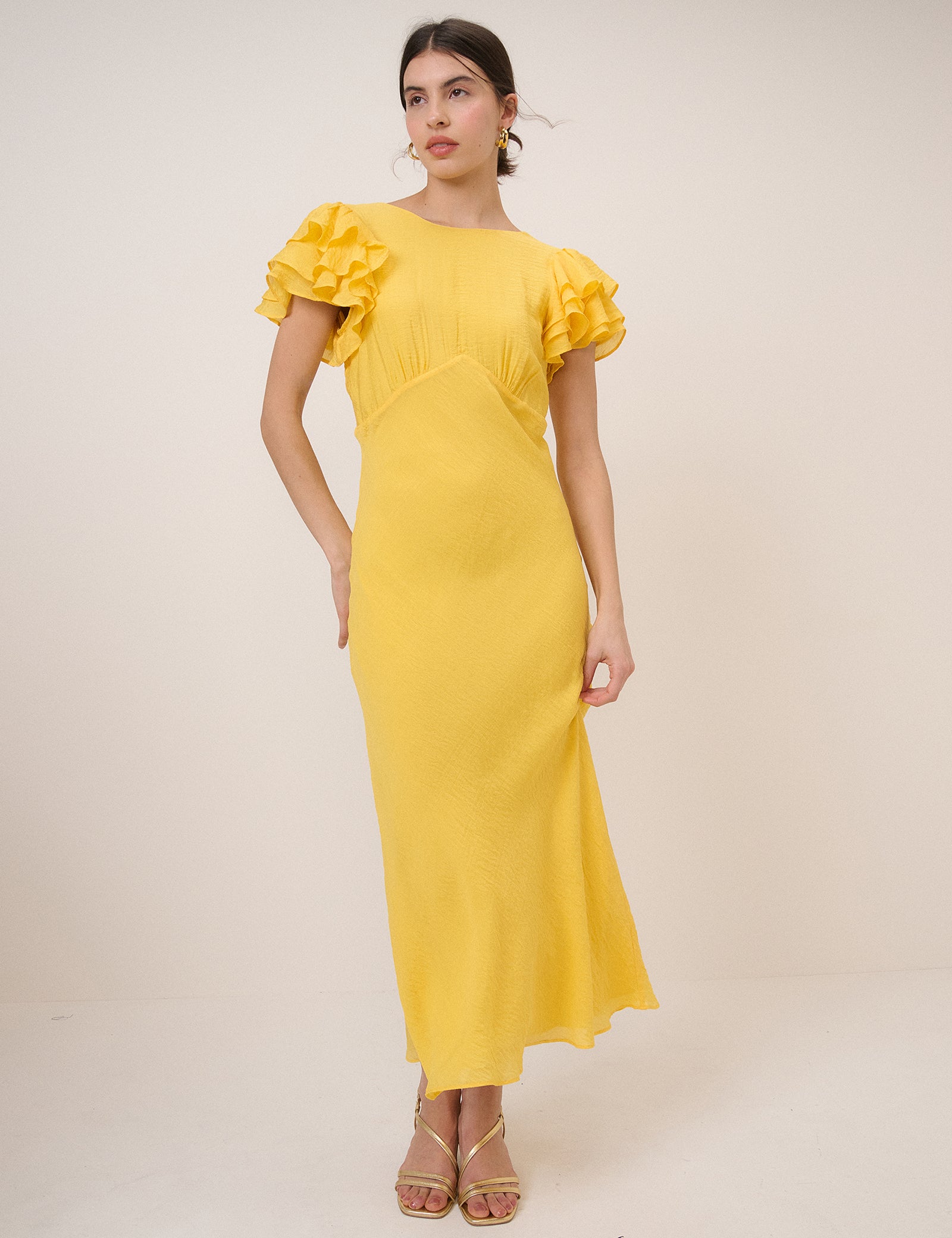 Yellow Frill Sleeve Lola Midi Dress