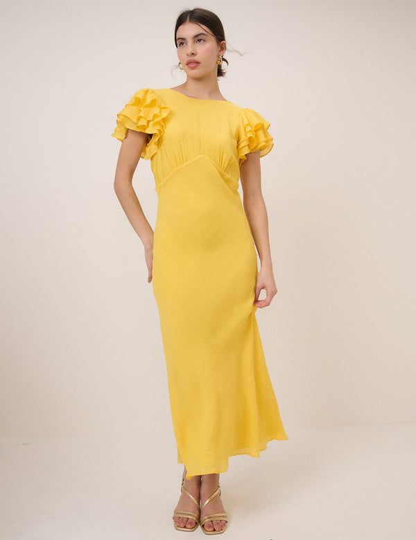 Yellow Frill Sleeve Lola Midi Dress
