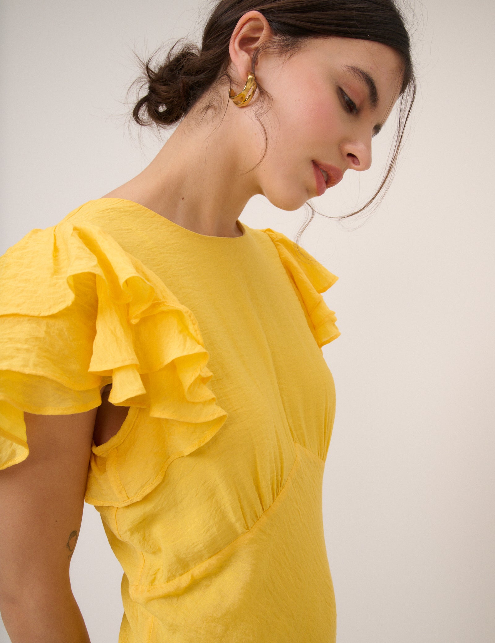 Yellow Frill Sleeve Lola Midi Dress