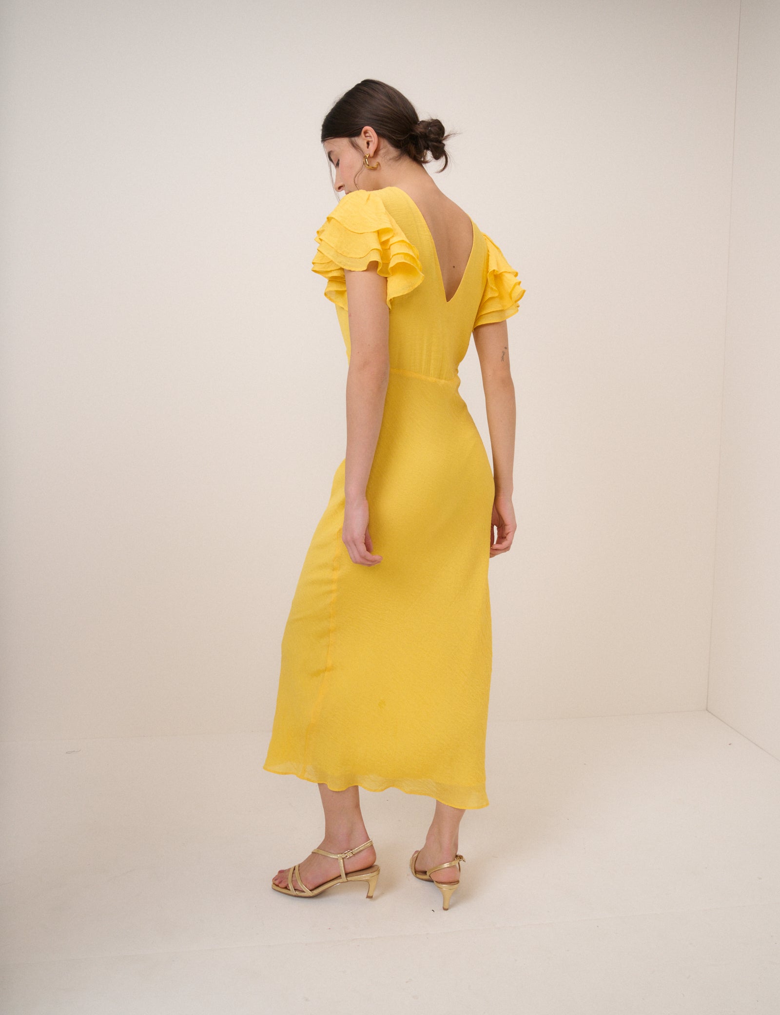 Yellow Frill Sleeve Lola Midi Dress