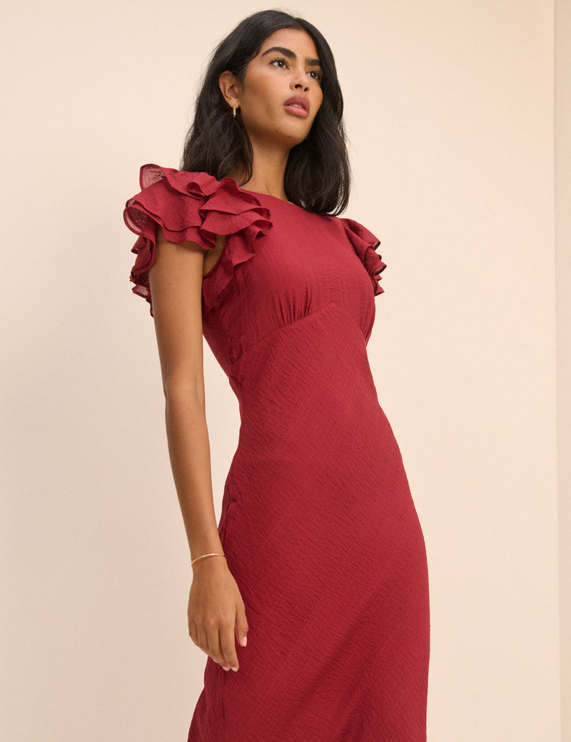 Crimson Red Frill Sleeve Lola Midi Dress