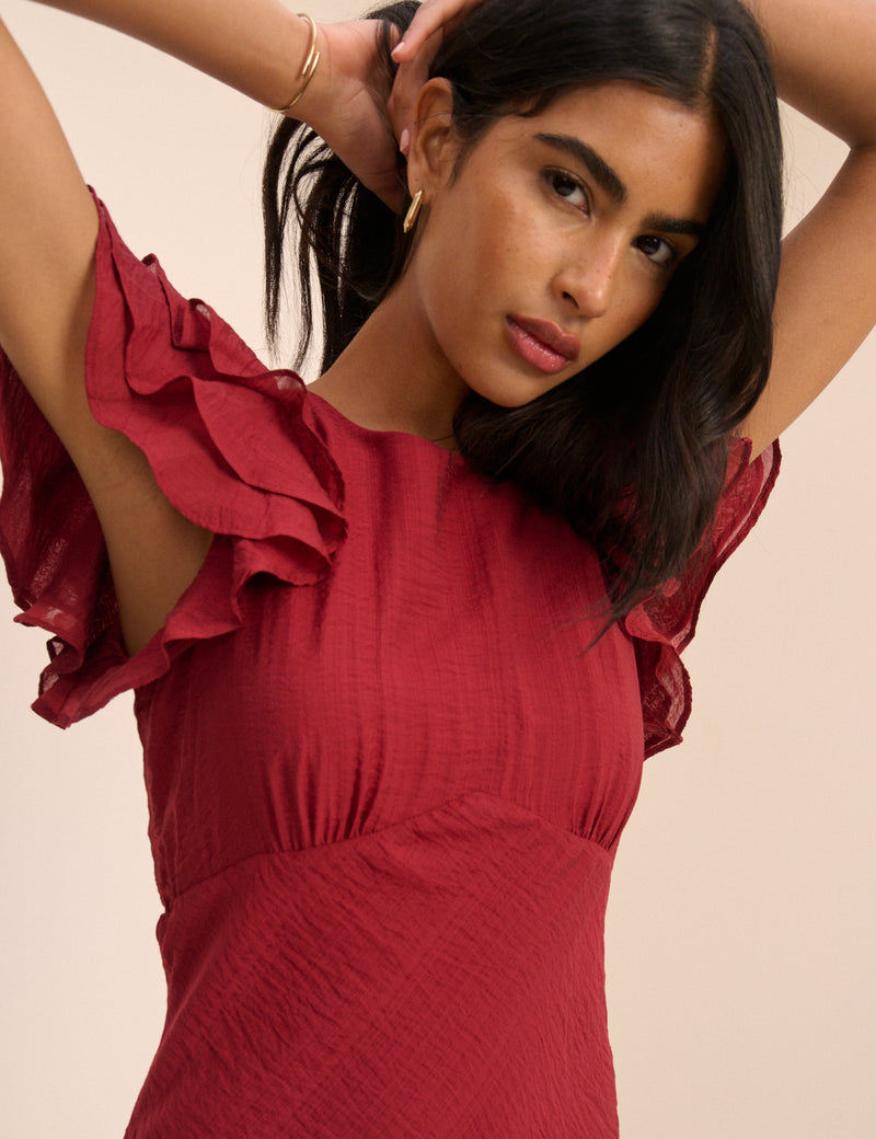 Crimson Red Frill Sleeve Lola Midi Dress