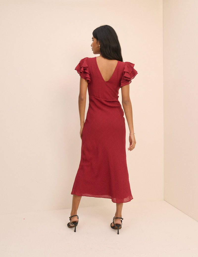 Crimson Red Frill Sleeve Lola Midi Dress
