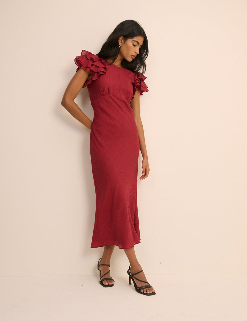 Crimson Red Frill Sleeve Lola Midi Dress