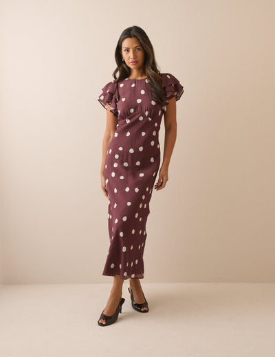 Brown Polka Dot Frill Sleeve Lola Midi Dress
