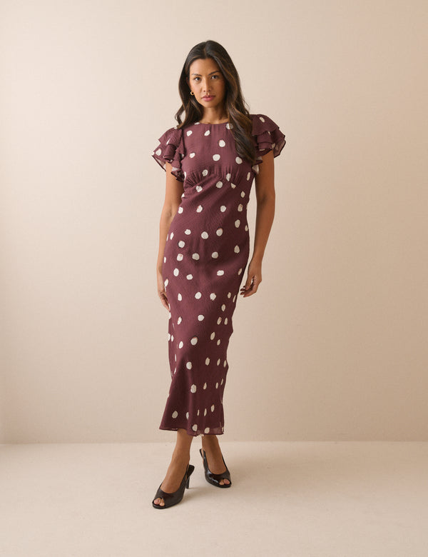 Brown Polka Dot Frill Sleeve Lola Midi Dress
