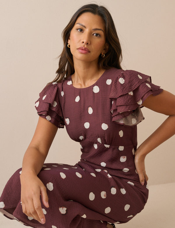 Brown Polka Dot Frill Sleeve Lola Midi Dress