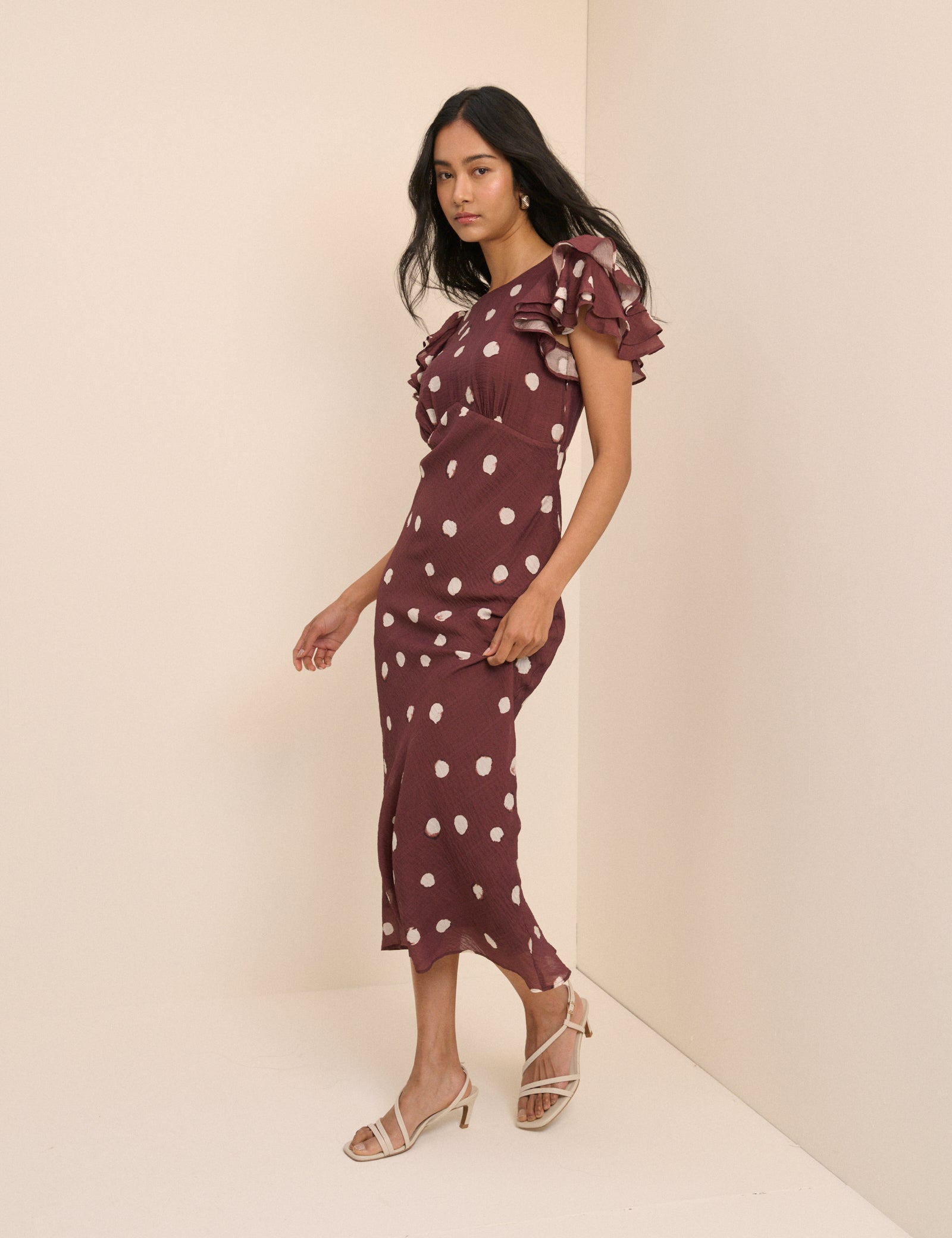 Brown Polka Dot Frill Sleeve Lola Midi Dress