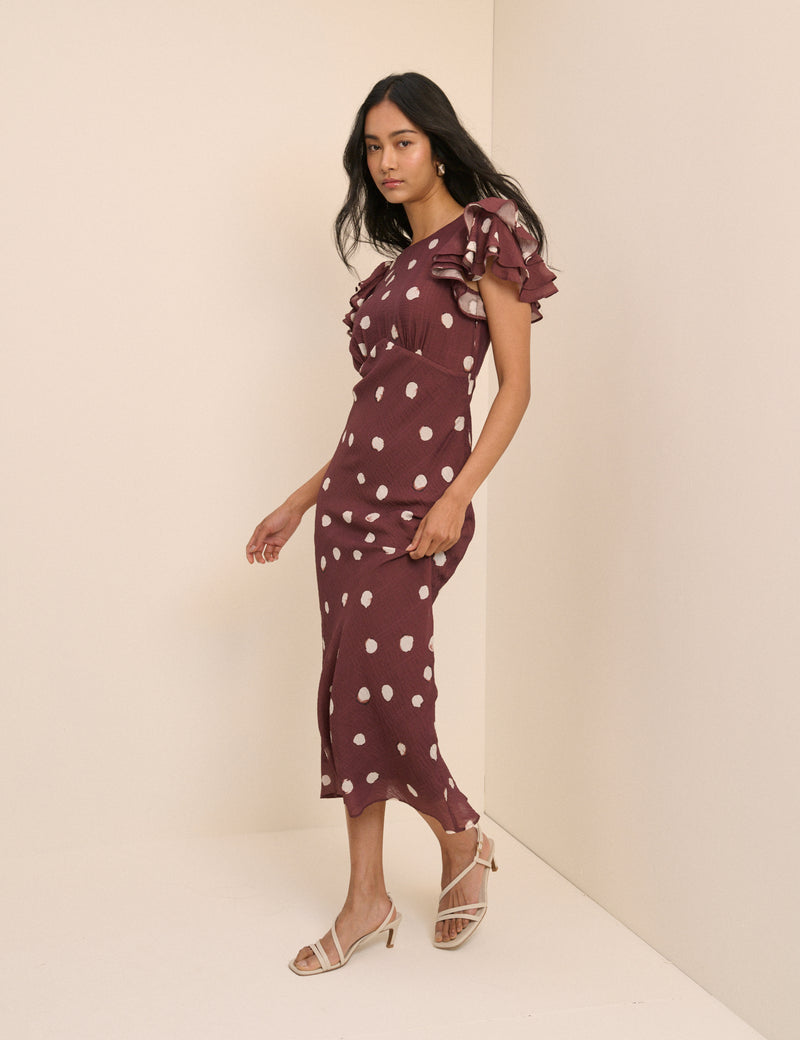 Brown Polka Dot Frill Sleeve Lola Midi Dress