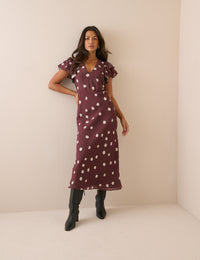 Brown Polka Dot Frill Sleeve Lola Midi Dress