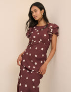 Brown Polka Dot Frill Sleeve Lola Midi Dress