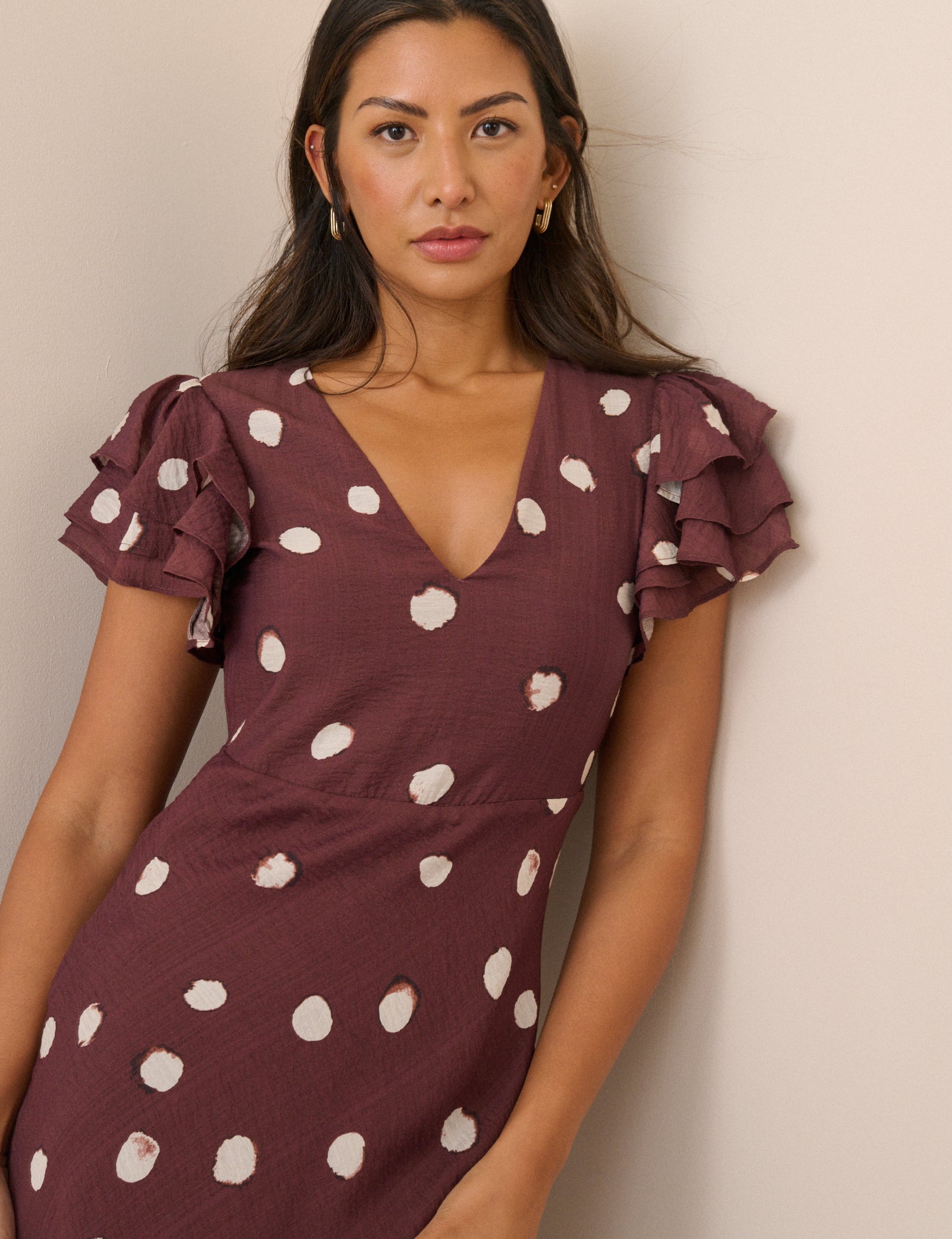 Brown Polka Dot Frill Sleeve Lola Midi Dress