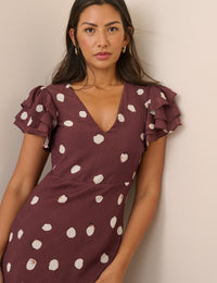 Brown Polka Dot Frill Sleeve Lola Midi Dress